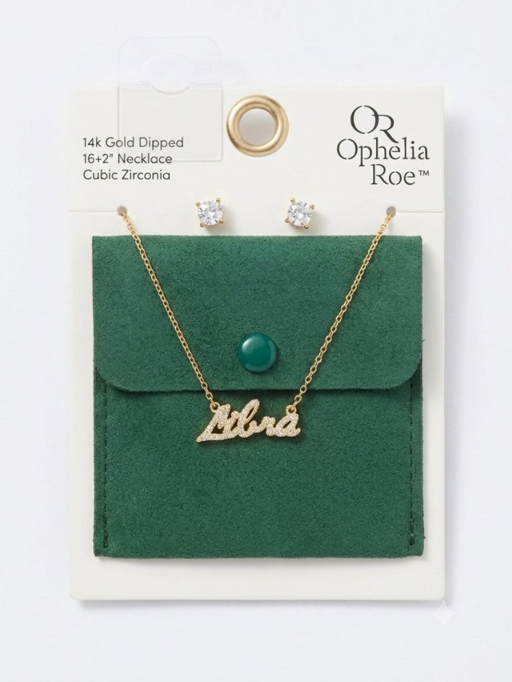 Ophelia Roe Libra 14k Gold Dipped CZ Script Necklace Stud Earrings Set NWT $30